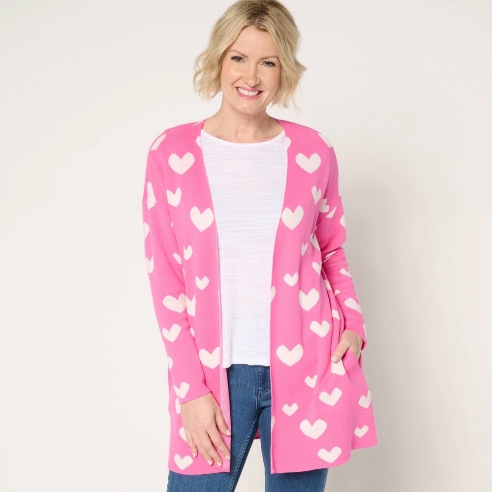 Driftwood Pink Heart Cardigan – Cozy Valentine's Day Open Front Knit Sweater